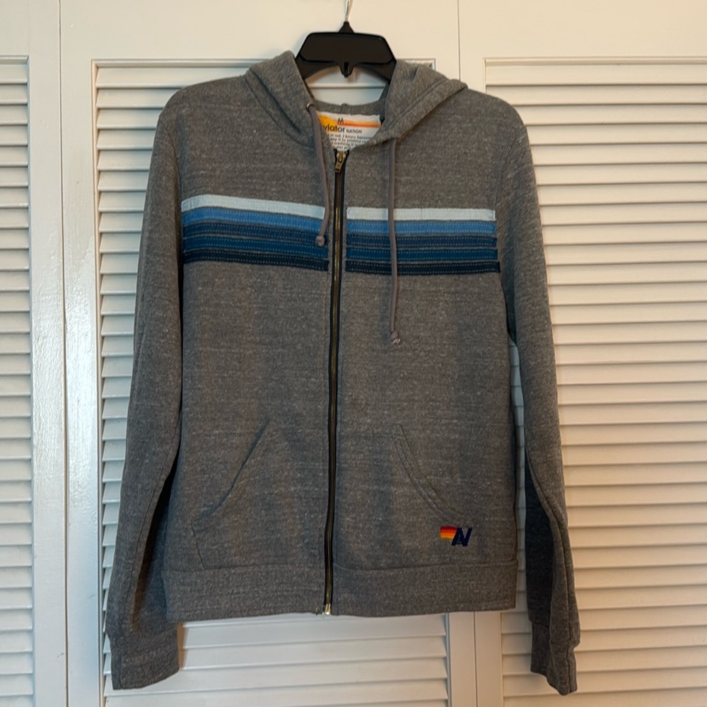 Aviator Nation - 5 stripe Hoodie - Heather Blue/Gray